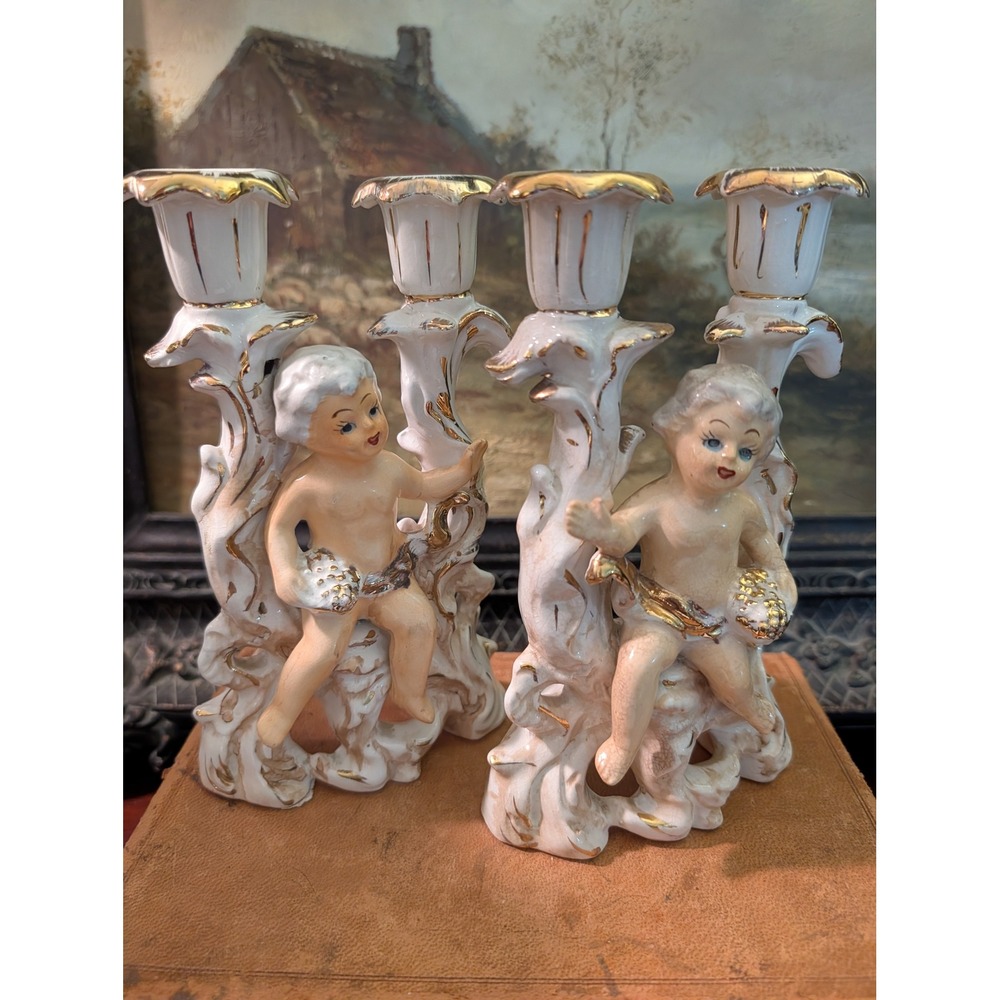 Vintage Cherub Porcelain Candelabra Pair Gold Gilt Double Candle Holder 7.5x4